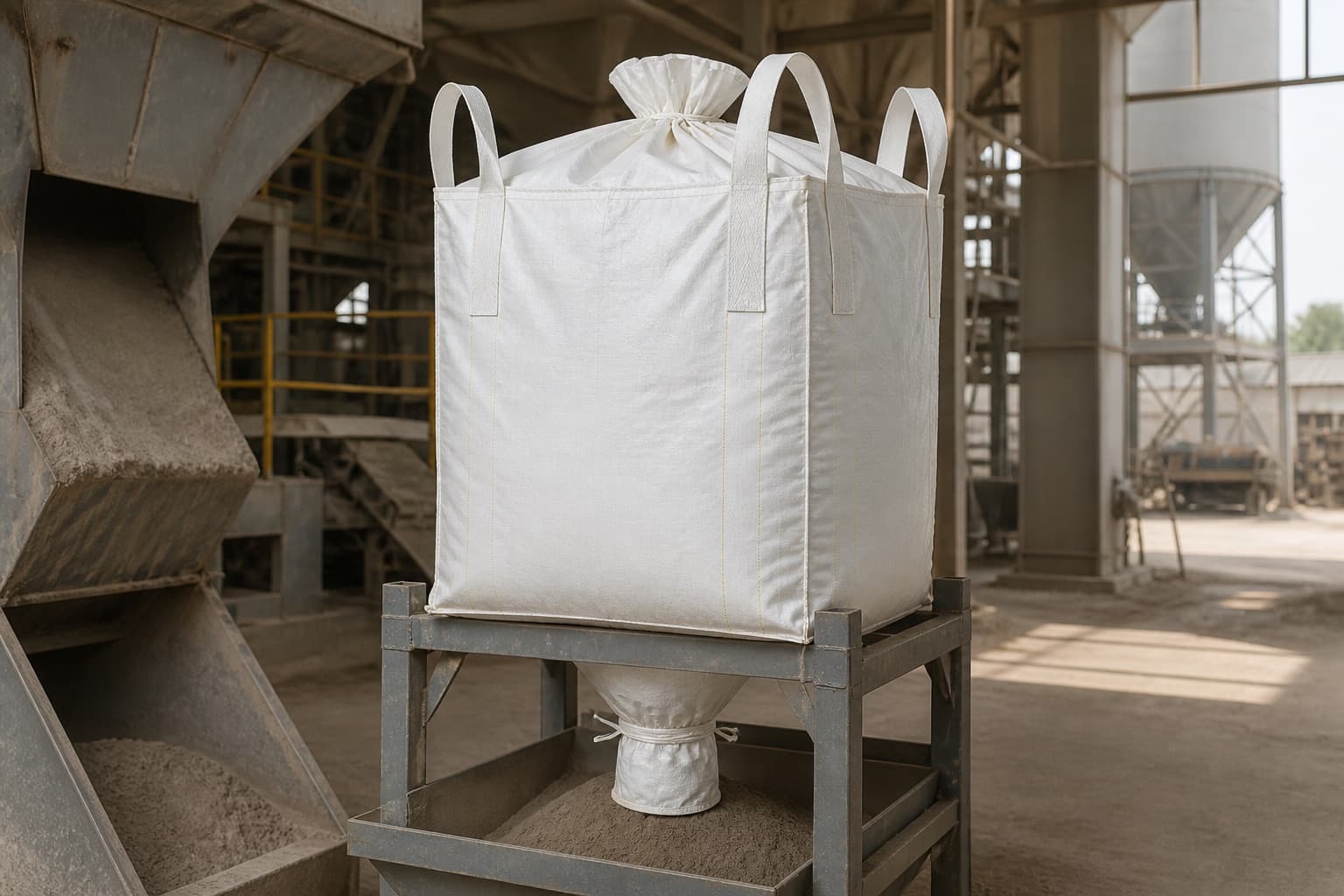 Zementpulver mit weißem FIBC in industrieller Umgebung
