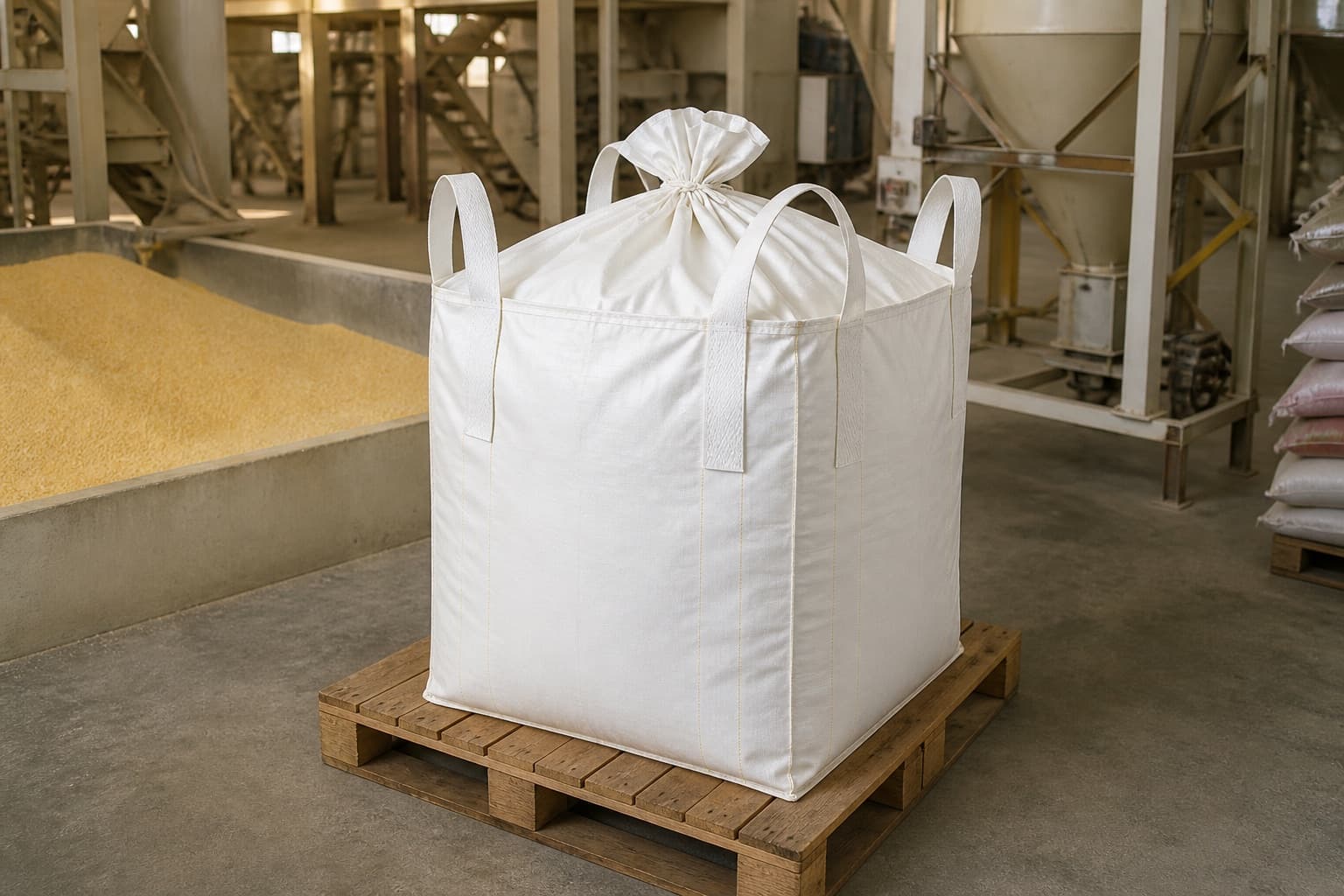 Maize Meal handled with a white FIBC in an industrial setting
