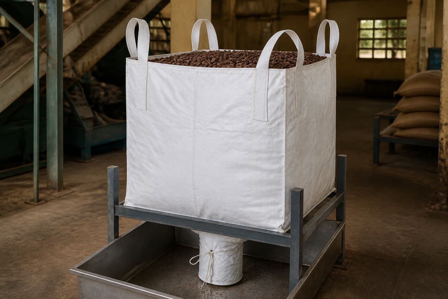 Cocoa Beans gestito con un FIBC bianco in un ambiente industriale