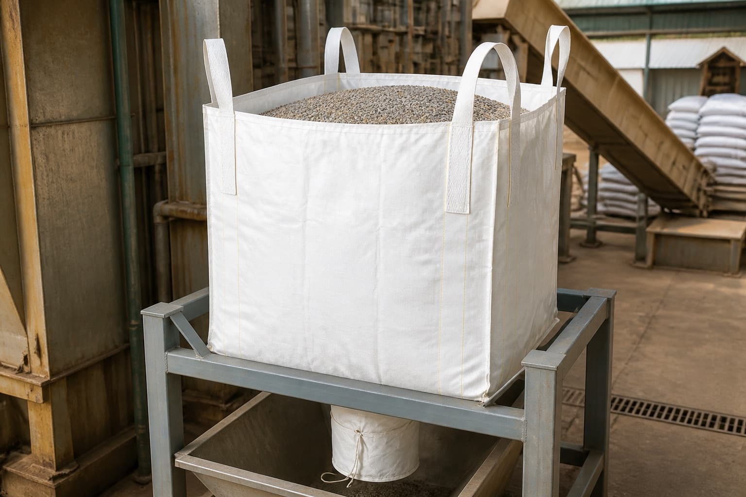 Fertilizer Granules gestito con un FIBC bianco in un ambiente industriale