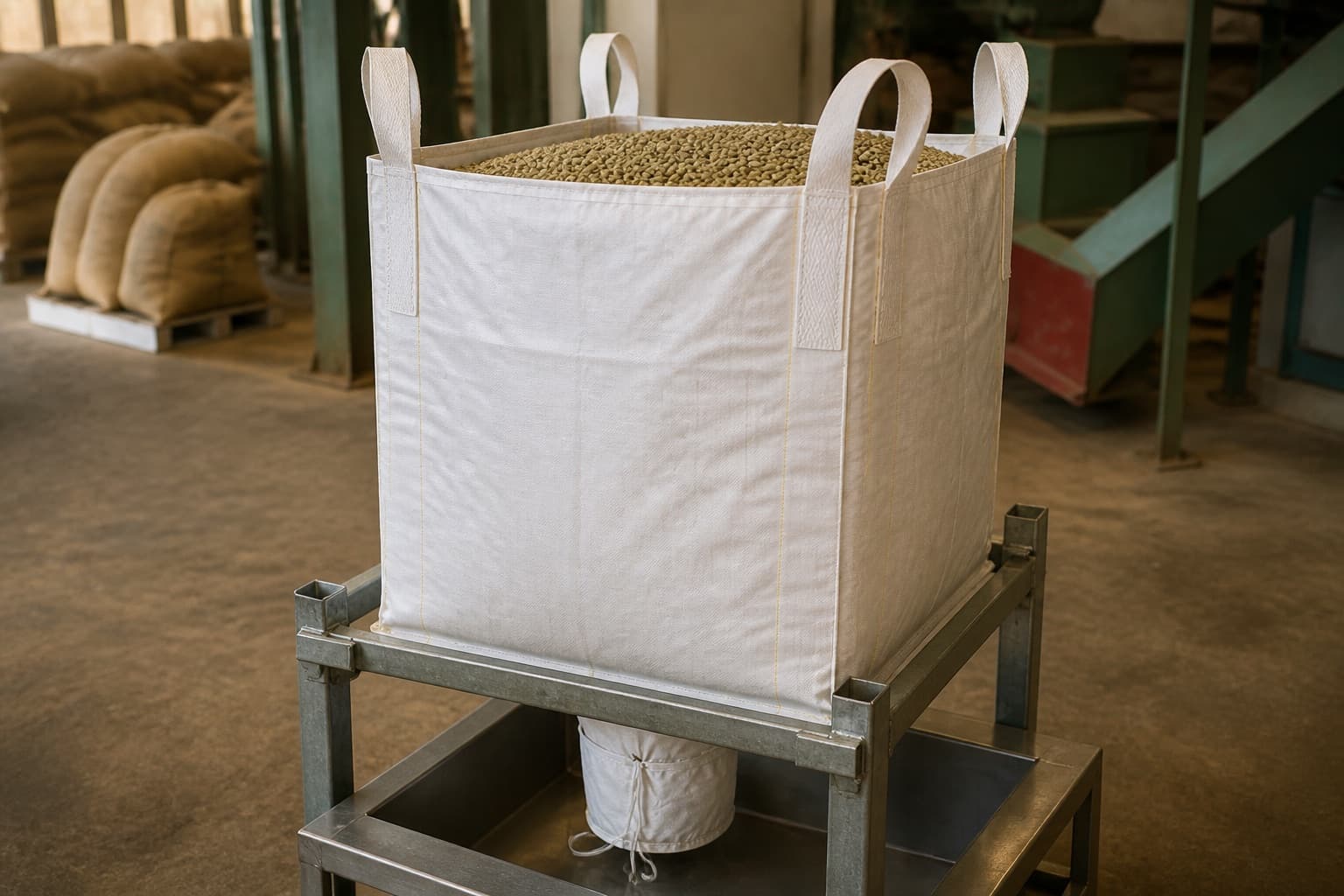 Green Coffee Beans gestito con un FIBC bianco in un ambiente industriale
