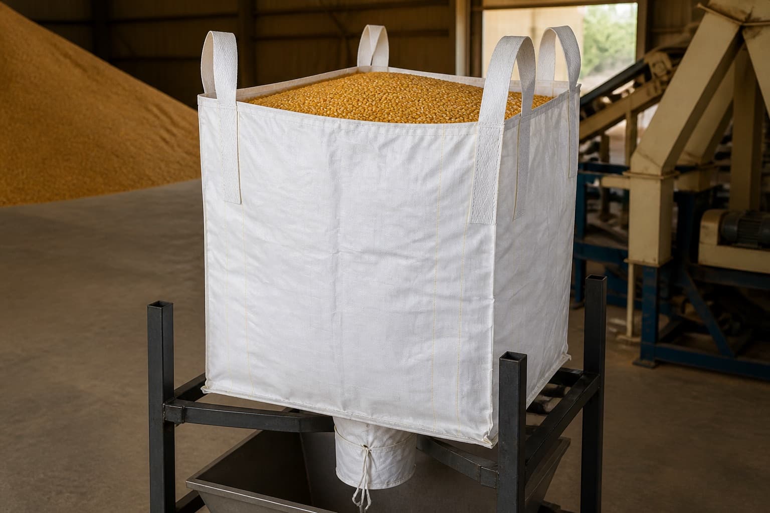 Grano di mais gestito con un FIBC bianco in un ambiente industriale