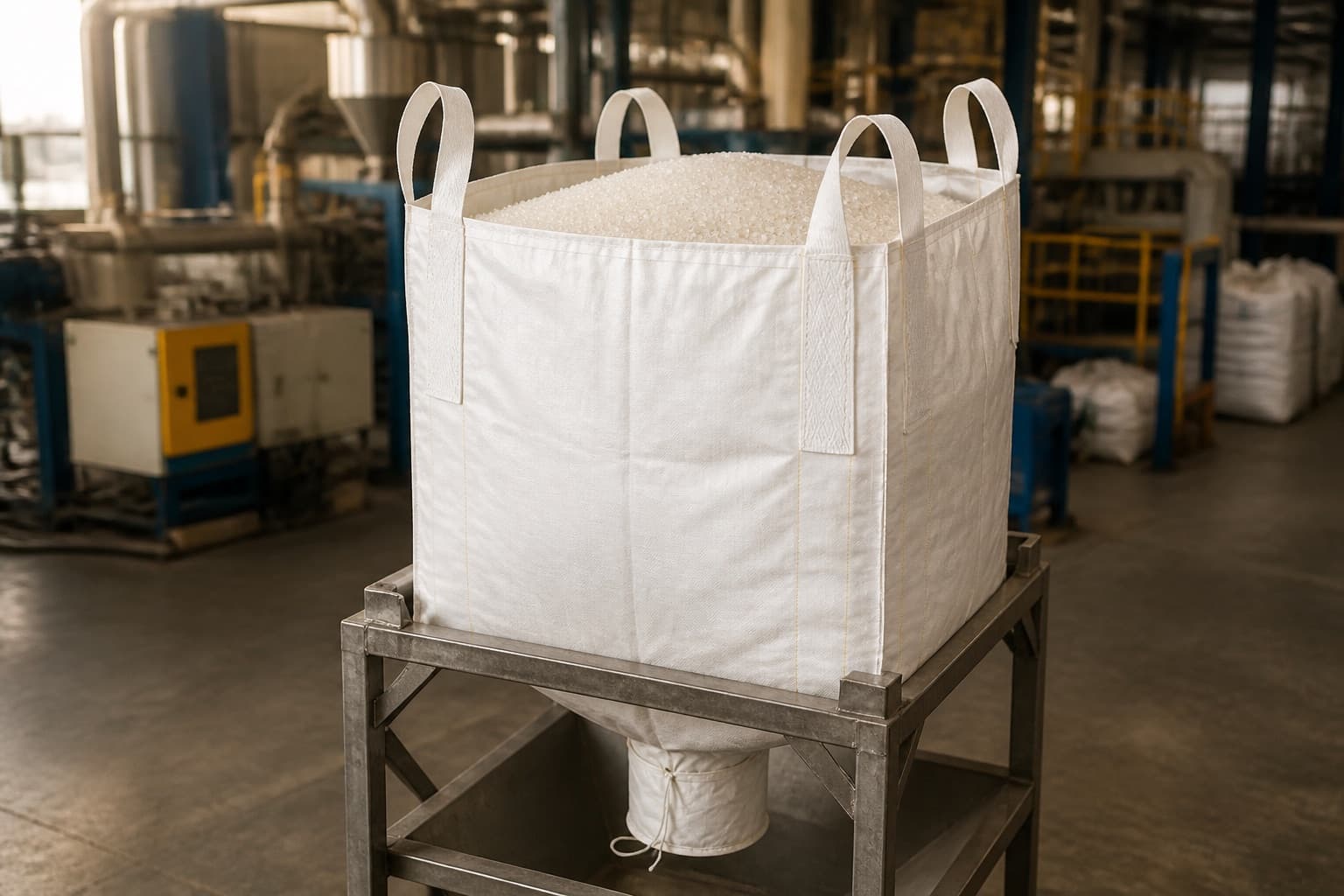 Pellet di resina di plastica gestiti con un FIBC bianco in un ambiente industriale