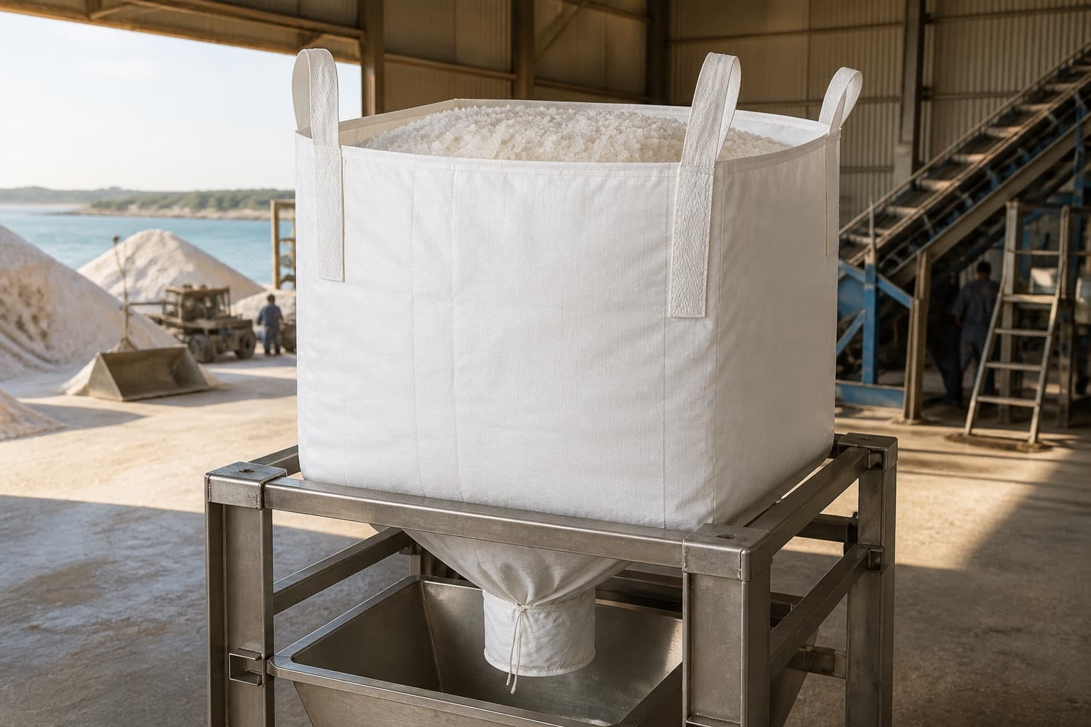 Cristalli di sale solari gestiti con un FIBC bianco in un ambiente industriale