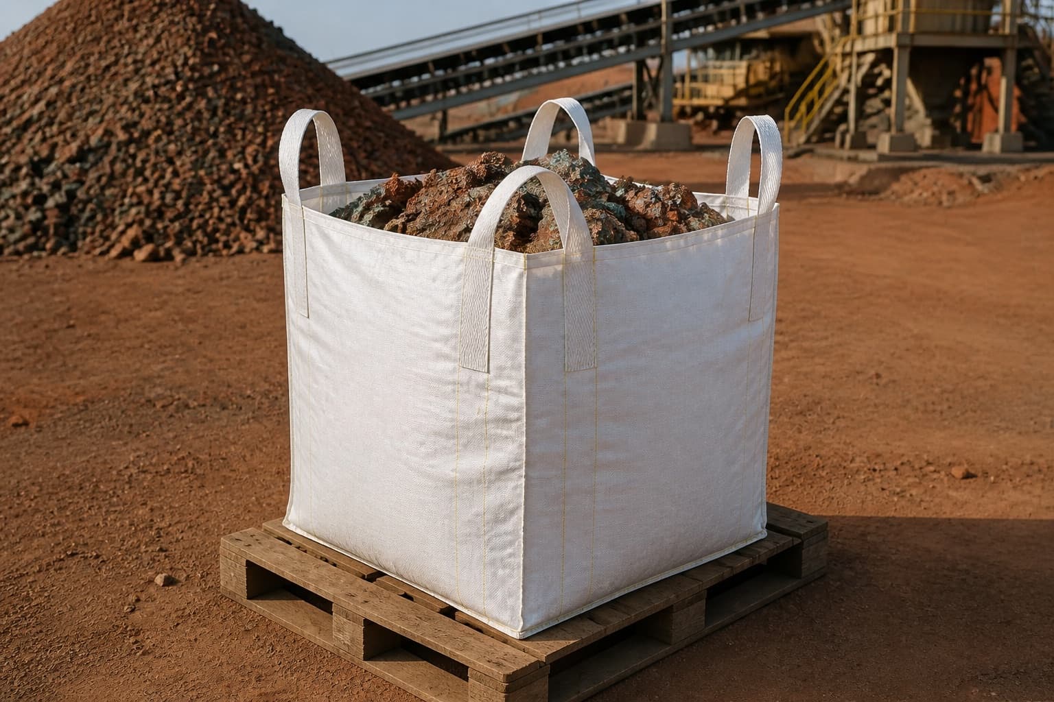 Copper Ore handled with a white FIBC in an industrial setting