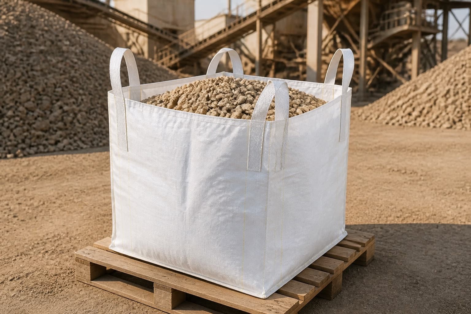 Phosphate Rock handled with a white FIBC in an industrial setting